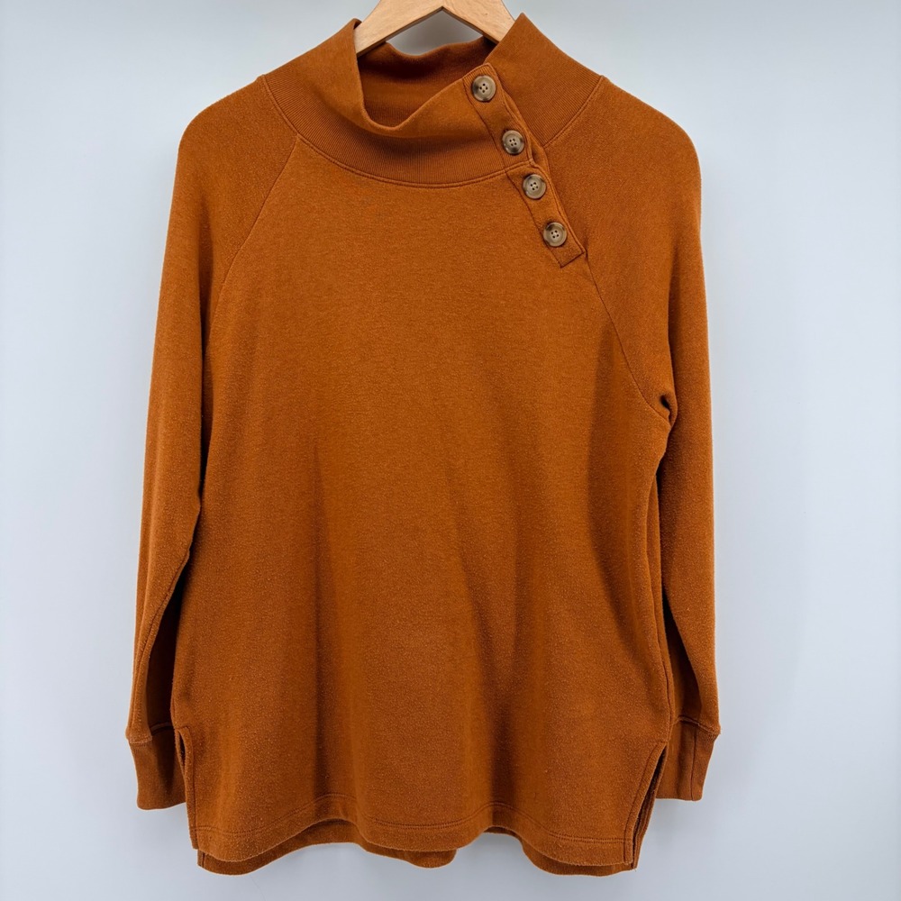 J.Crew Sweatshirt Womens Small Orange Button Mock Neck Raglan Fleece Pullover